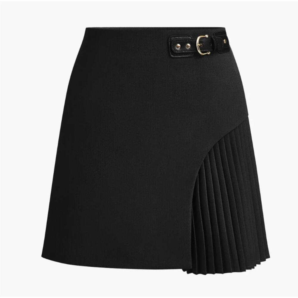 Commense Black Side Pleated Buckle Mini Skirt XL 12 Lined NWT - Euro Chic
